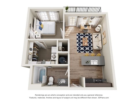 Floor plan for 1 bed, 1 bath, 571 sqft